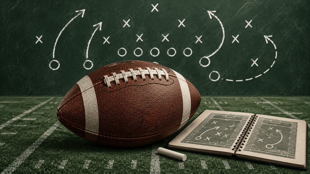 Football neben einem aufgeschlagenen Taktikbuch vor einer Tafel mit Spielzügen aus Kreisen, Kreuzen und Pfeilen.