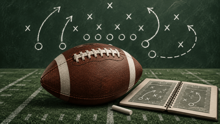 Football neben einem aufgeschlagenen Taktikbuch vor einer Tafel mit Spielzügen aus Kreisen, Kreuzen und Pfeilen.