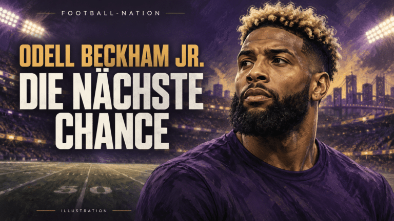 Odell Beckham Jr. vor einem Footballstadion – KI-Illustration zu seiner nächsten Chance bei den Vikings