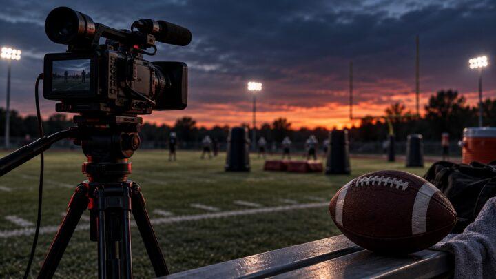 Dokumentarfilmkamera am Rand eines Football-Trainingsfeldes bei Abendlicht, daneben ein Football.