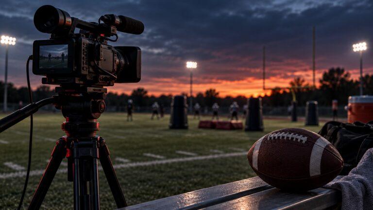 Dokumentarfilmkamera am Rand eines Football-Trainingsfeldes bei Abendlicht, daneben ein Football.