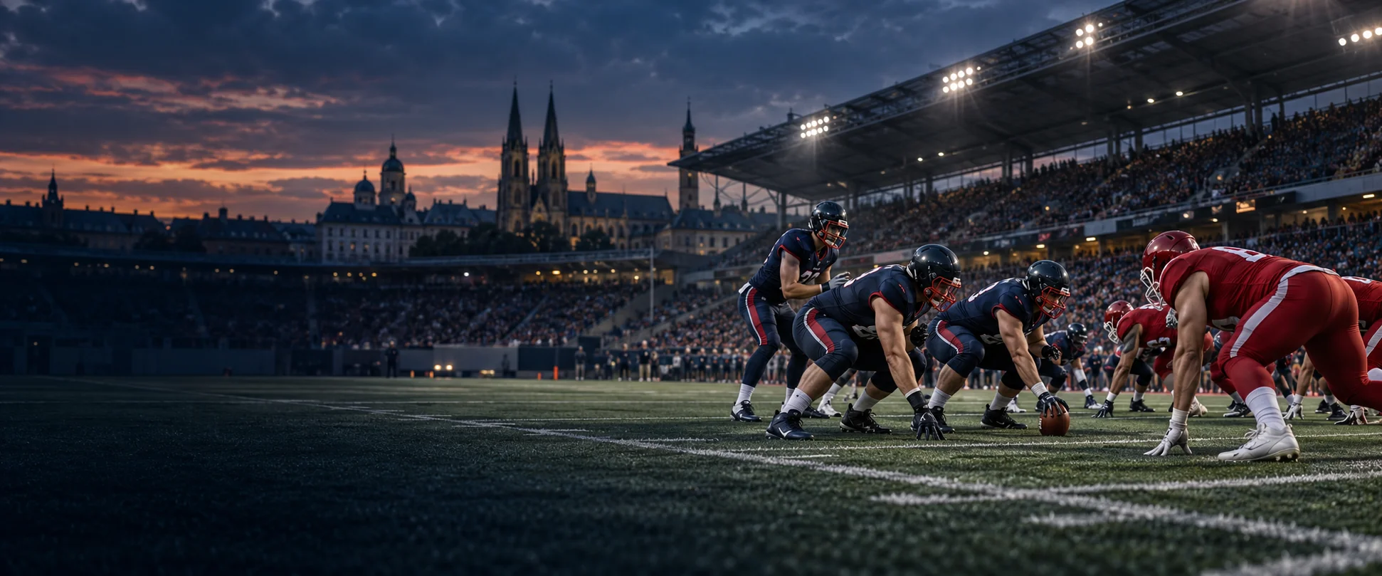 Symbolbild: American-Football-Spiel in einem europäischen Stadion bei Abendlicht