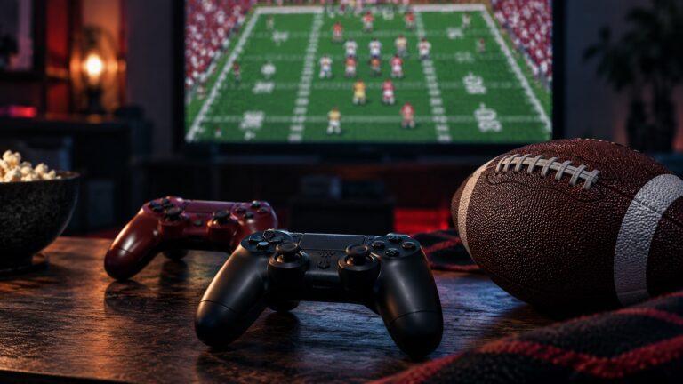 Neutrale Gamecontroller und Football vor einem symbolischen Pixel-Spielfeld
