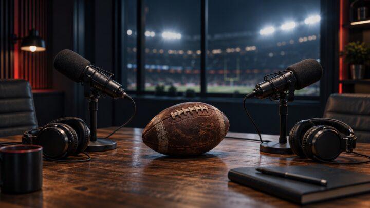 Zwei Studiomikrofone und Kopfhörer neben einem American Football