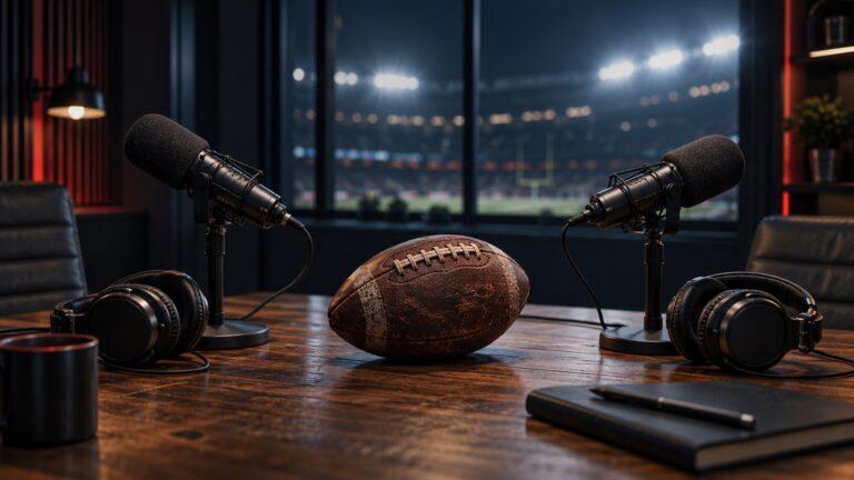 Zwei Studiomikrofone und Kopfhörer neben einem American Football