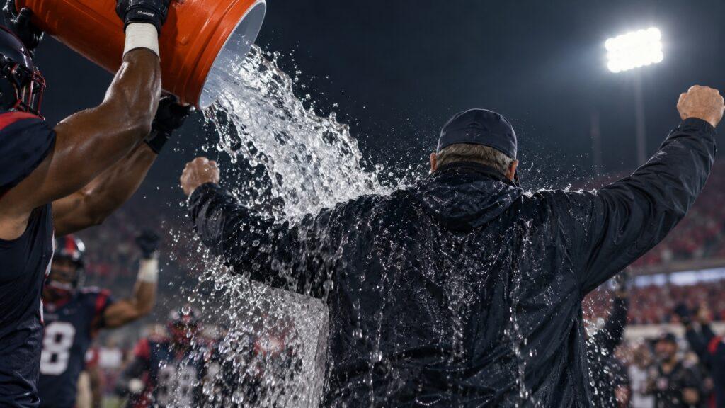 Symbolische Getränkedusche an einer Football-Seitenlinie ohne Markenlogos