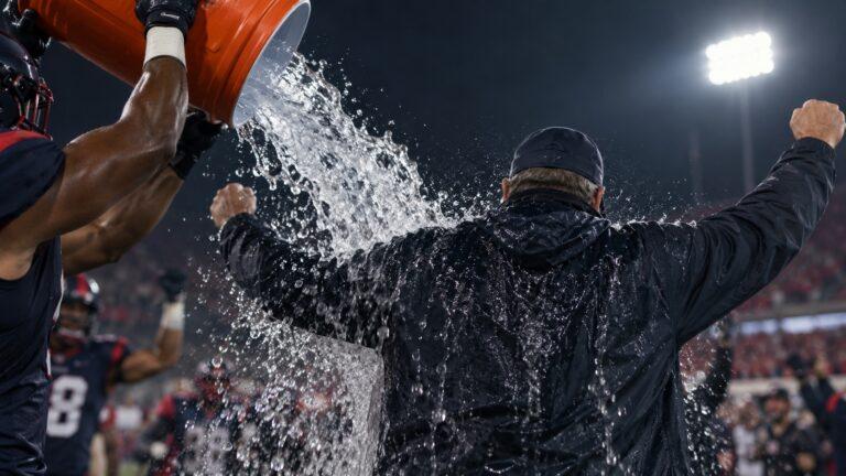 Symbolische Getränkedusche an einer Football-Seitenlinie ohne Markenlogos