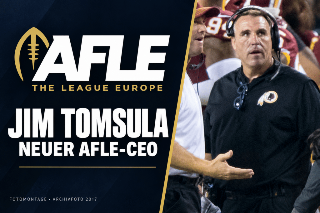 Jim Tomsula auf einem Archivfoto von 2017 neben dem AFLE-Logo – Montage zur Ernennung zum CEO