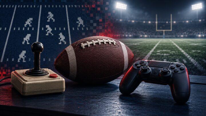 Retro-Joystick, moderner Controller und American Football vor einem abstrakten digitalen Spielfeld.