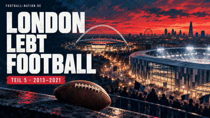 Illustration: länglicher American-Football-Ball mit weißer Schnürung vor Londoner Stadien; London lebt Football, Teil 5, 2013–2021.
