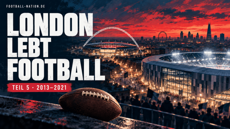 Illustration: länglicher American-Football-Ball mit weißer Schnürung vor Londoner Stadien; London lebt Football, Teil 5, 2013–2021.