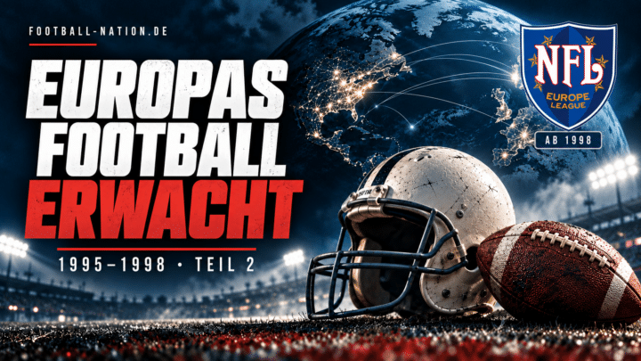 Illustration zum europäischen Neustart 1995–1998: American-Football-Helm, ovaler Football und NFL-Europe-Logo mit Hinweis Ab 1998.