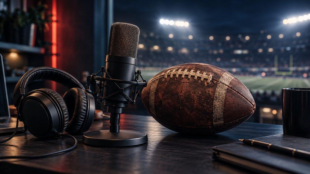 Mikrofon und Kopfhörer neben einem American Football vor unscharfen Stadionlichtern.