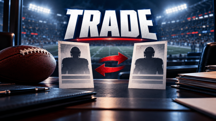 TRADE-Schriftzug über Football-Spielerkarten mit roten Wechselpfeilen und einem Football im Stadion – Symbolbild zur NFL Trade Deadline.