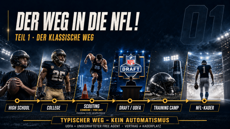 Klassischer Weg in die NFL über High School, College, Scouting, Draft oder UDFA und Training Camp; die Combine ist nicht verpflichtend.