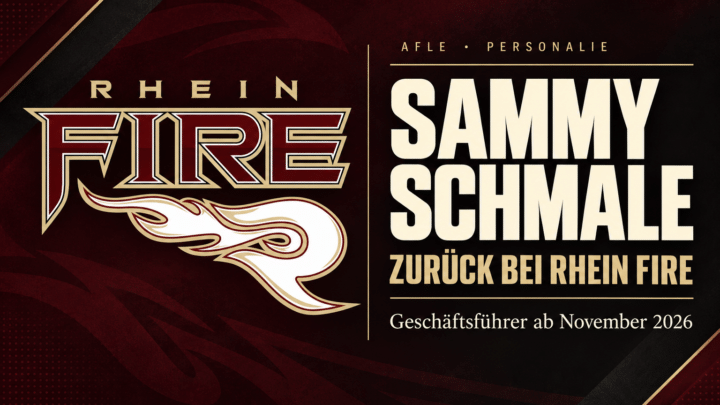 Rhein-Fire-Logo mit der Nachricht: Sammy Schmale kehrt als Geschäftsführer ab November 2026 zurück