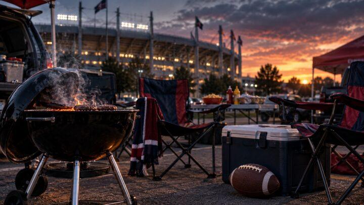 Grill, Klappstühle und Football bei einem symbolischen Tailgate vor einem Stadion