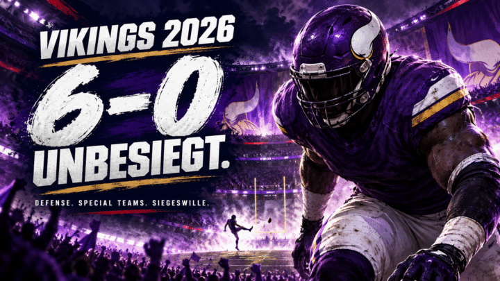KI-Illustration eines Vikings-Verteidigers mit der Aufschrift Vikings 2026, 6–0, unbesiegt.