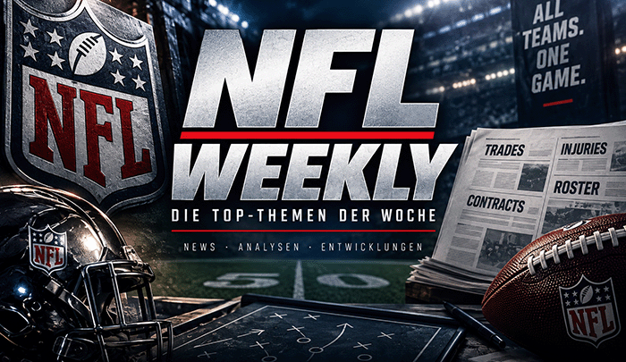 NFL Weekly – die Top-Themen der Woche, mit Football, Helm und Nachrichten vor einer Stadionkulisse.