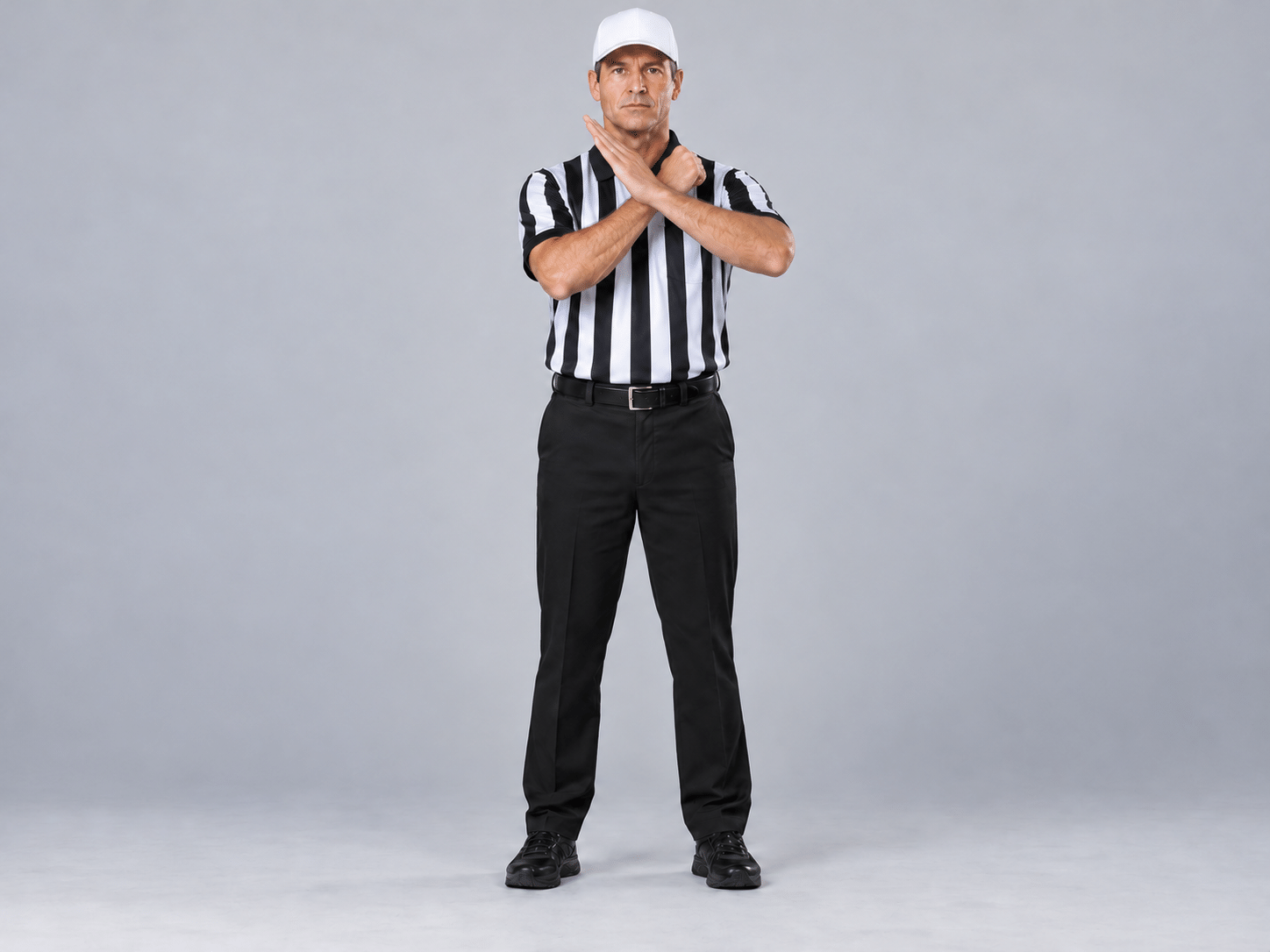 KI-Fotodarstellung: Whitehat zeigt Personal Foul nach IFAF mit der Handkante am gegenüberliegenden Handgelenk.